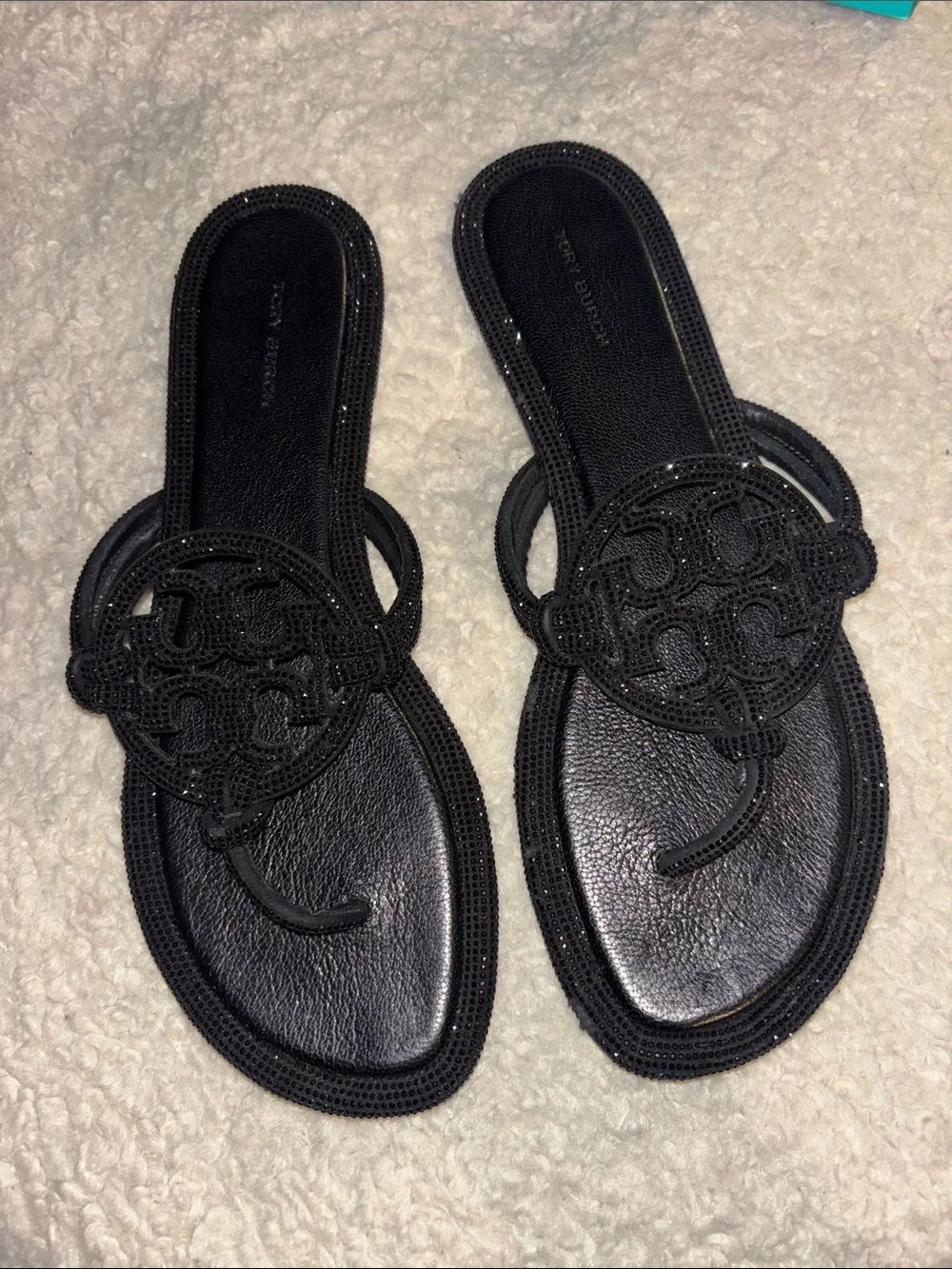 Tory Burch Black Beaded Logo Toe-Post Sandals